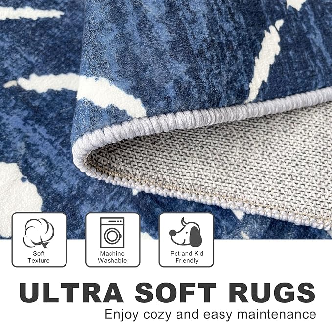 KILOCOCO Area Rug 3'x5' Rug for Entryway Washable Printed Bedroom Rugs Non Slip Boho Low-Pile Soft Rugs for Kitchen Dining Geometric Moroccan Carpet, Blue