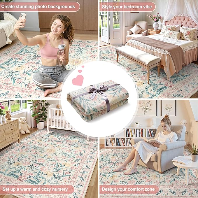 Wonnitar Pink Rugs for Bedroom Girls, 5x7 Washable Rug for Nursery Decor, Boho Soft Floral Carpet Non Slip, Indoor Ultra-Thin Floor Carpet for Baby Kids Room Living Room Dorm