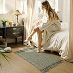 Collive 2' x 3' Small Entryway Rug, Washable Hand-Woven Kitchen Rug with Tassels, Natural/Green Farmhouse Low Profile Throw Rug Reversible Front Door Rug for Bedroom Bathroom Home Décor