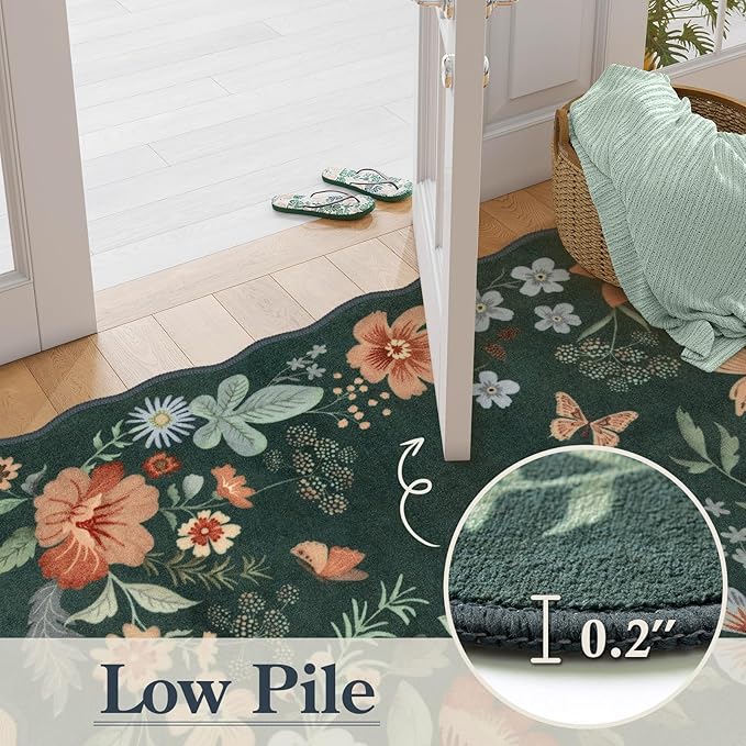 Lahome Floral Washable Rug- 4x6ft Green Bedroom Girls Ultra-Thin Soft Living Room Non-Slip Stain Resistant Boho Lightweight Throw Rug for Nursery Office, Dark Green