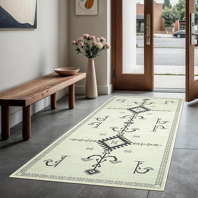 GLN Rugs Contemporary Collection - Machine Washable Area Rug, Contemporary Washable, Non Slip, Low Pile Chenille Rug, Living Room, Bedroom, Kitchen Rug (2'6" x 10' Cream/Anthracite)
