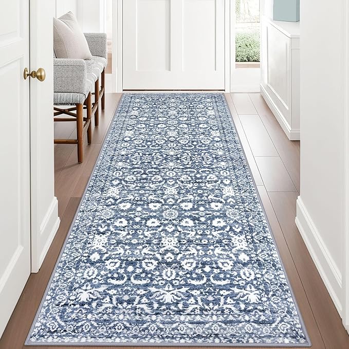 Vintage Runner Rug 3x8, Light Blue White Washable Kitchen Runner Non-Slip Soft Hallway Rug Runner Thin Print Faux Wool Carpet for Entryway Bedroom Laundry Room Indoor Home Office Decor
