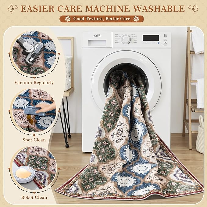 EnHomee Area Rugs 5x7, Soft Washable Rugs for Living Room Bedroom, Boho Non Slip Low Pile Stain Resistant Washable Rug Large Carpet for Dining Room,Easy to Clean Living Room Rug, Red & Green