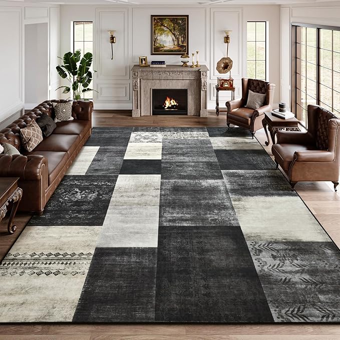 DweIke Washable Area Rugs for Living Room, 4x6 Soft Bedroom Rugs, Geometric Print Non-Slip Modern Rug, Stain Resistant Throw Carpets for Office Nursery Dining Room Home Dorm Decor, Black and White