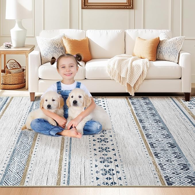 BESTSWEETIE 6x9 Area Rugs for Living Room Washable Moroccan Farmhouse Neutral Geometric Low Pile Non-Slip Soft Print Pattern Rug for Bedroom Kitchen Dining Room Entryway Blue/Brown