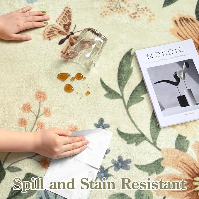 Lahome Floral Bedroom Rug,4x6 Washable Area Rugs for Living Room Dining Room, Non Slip Ultra-Thin Stain Resistant Boho Throw Carpet for ‎Office (4x6ft,Beige)
