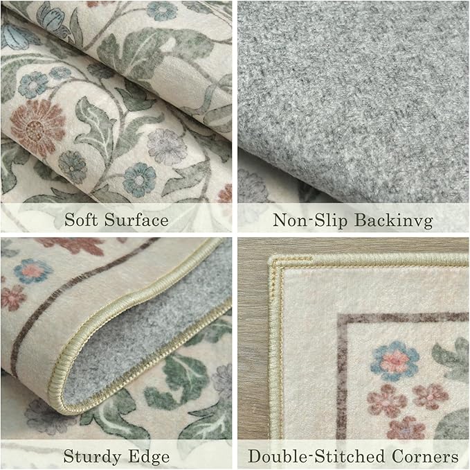 Beige Floral 5x7 Area Rugs for Living Room Large Washable Rug Vintage Forest Low Pile Non Slip Stain Resistance Soft Carpet for Dining Room, Bedroom, Office Rug, Kids Room, Nursery Room, Playroom