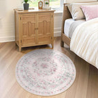 Wonnitar Bow Print Washable 4ft Round Rug, Pink Circle Rug for Girl Nursery Decor, Non Slip Ultra-Thin Soft Boho Floral Small Cute Circular Carpet for Kids Bedroom Baby Room, Light Pink