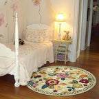 4ft Round Machine Washable Area Rug for Living Room, Green Vintage Boho Floral Rug Large Non-Slip Low Pile Soft Faux Wool Carpet, Kids and Pets Friendly for Bedroom Nursery Farmhouse Home Decor Rug