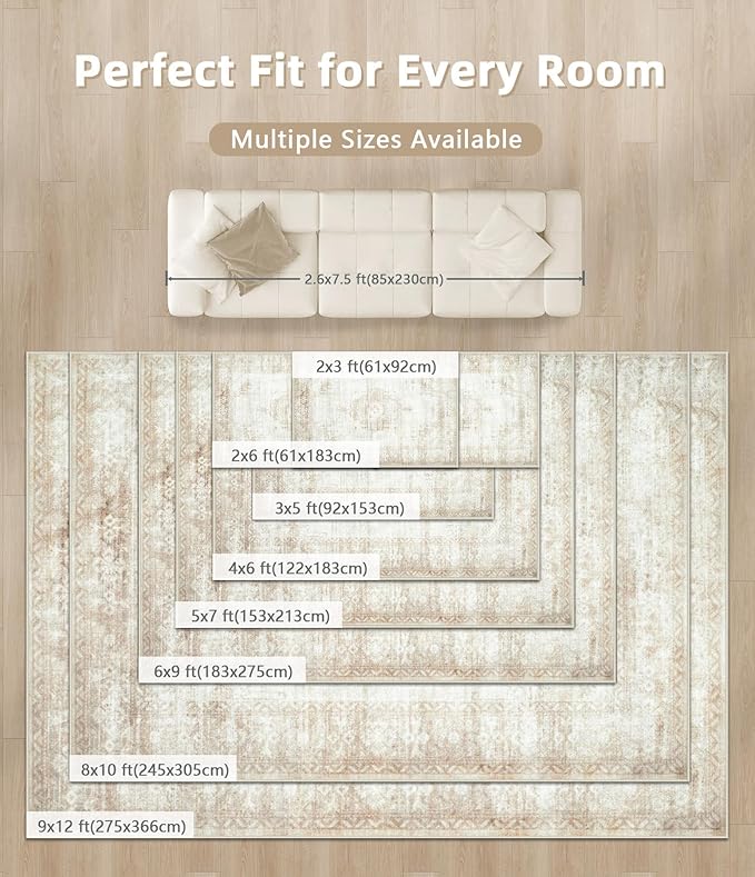 Vintage Living Room Area Rug - 6x9 Large Machine Washable Boho Moroccan Distressed Farmhouse Rugs for Bedroom - Soft Non-Slip Indoor Floor Accent Rugs for Office Dining Room (Beige, 6' x 9')