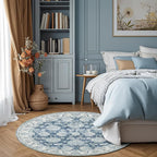 jinchan Fiora Round Rug 5ft Area Rug - Indoor Vintage Hallway Circle 5' Washable - Ultra-Thin Low Pile Soft Small Non Slip Distressed Floral Print for Living Room Bedroom Entryway Dark Blue