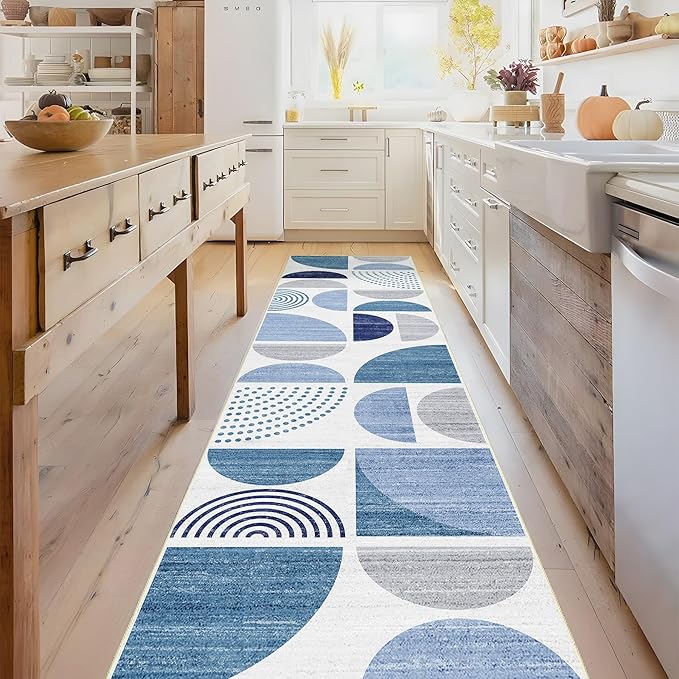 MUJOO Runner Rug Washable,Blue 2x8 Area Rugs for Hallways Kitchen Bedroom Entryway Bathroom,Non Slip Carpet Long Mat Indoor,Boho Soft Modern Abstract Navy Blue