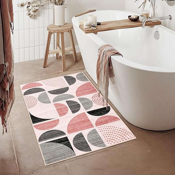 MUJOO Small Rug Washable,Boho 2x3 Area Rugs for Entryway Bathroom Entry Entrance Bedroom Kitchen,Front Door Mat Throw Carpet Non Slip Indoor Soft Modern Abstract Pink and Grey