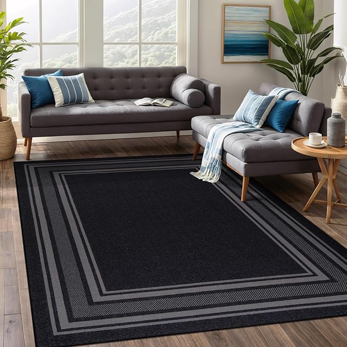 Beverly Rug Non Slip Area Rugs 3x5 Modern Bordered Non Skid Rubber Backing Soft Area Rug for Living Dining Room Easy to Clean Non Shedding Kitchen Bedroom Indoor Carpet 3 x 5 Black