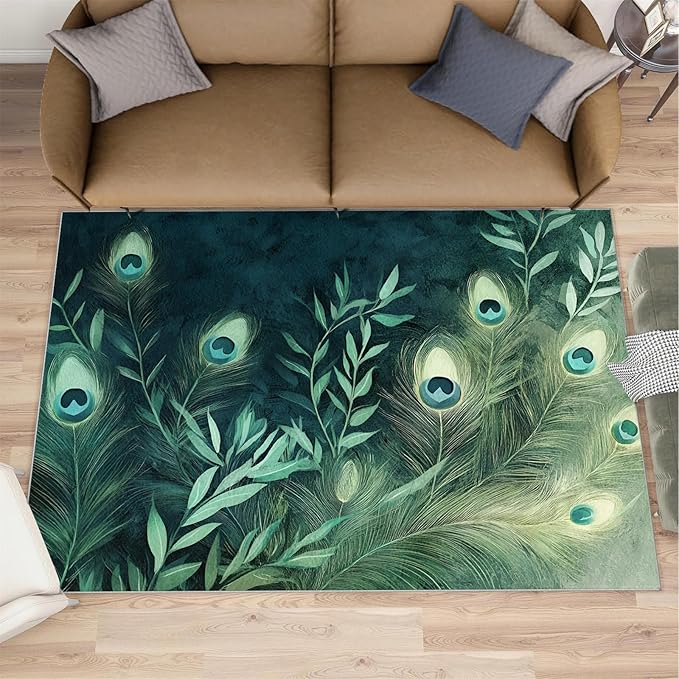 Peacock Feather Rugs for Living Room - 5x6 Rug, Peacock Decor Area Rugs for Bedroom, Teal Turquoise Rug, Plant Washable Carpet, Malachite Green Feather Carpet - Peafowl Home Decor & Gifts