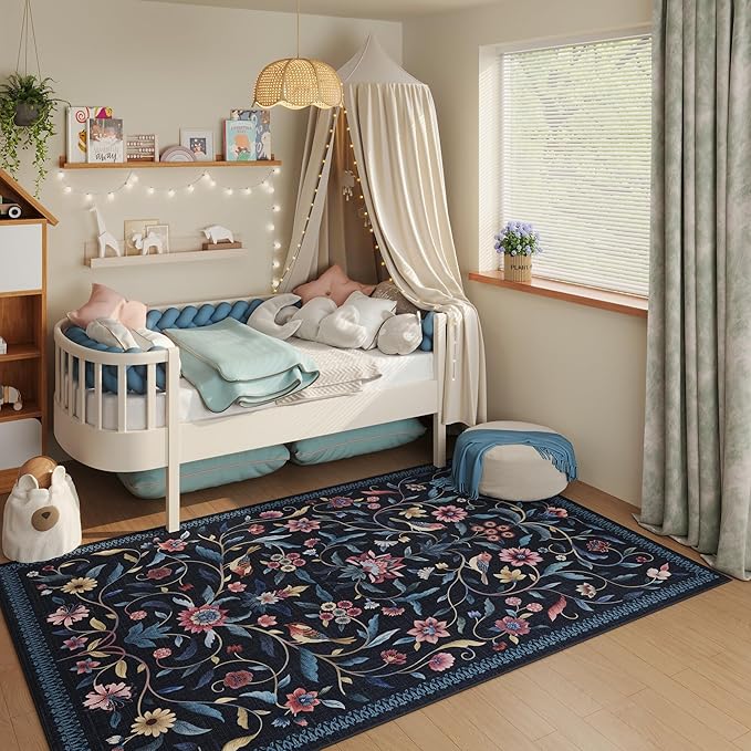 Vintage Medallion Floral 4x6 Rug, Machine Washable Non-Slip Area Rug, Low Pile Soft Carpet for Entry, Living Room, Office, Kids, Girl/Boys Room | Blue