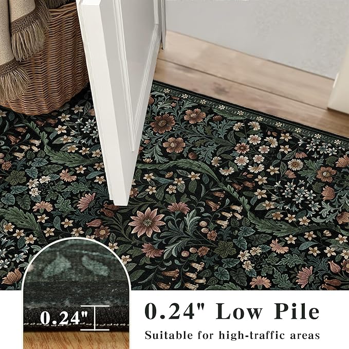 5×7 Black Washable Floral Area Rug,Vintage Boho Soft Low-Pile Living Room Rugs, Stain Resistant Botanical Non-Slip Carpet for Bedroom,Dining Room, Kids Nursery,Home Decor