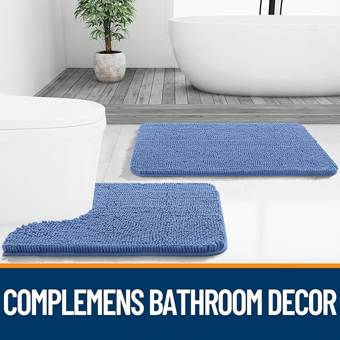 OLANLY Bathroom Rugs 24x16, Extra Soft Absorbent Chenille Bath Rugs, Rubber Backing Quick Dry, Machine Washable Bath Mats for Bathroom Floor, Tub and Shower, Home Decor Accessories, Cornflower Blue
