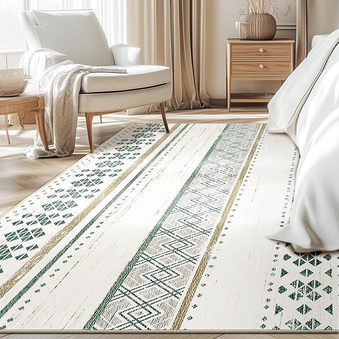 BESTSWEETIE 9x12 Area Rugs for Living Room Washable Moroccan Farmhouse Neutral Geometric Low Pile Non-Slip Soft Print Pattern Rug for Bedroom Kitchen Dining Room Entryway Green/Brown/Brown