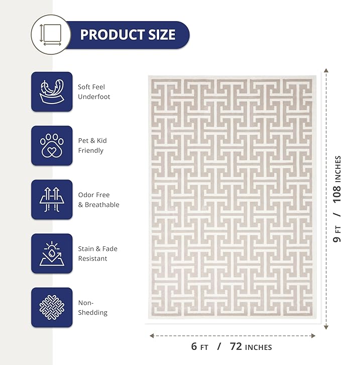 Abani Contemporary 3D Beige & White Modern Greek Key Pattern Area Rug - Geometric Meander 6' x 9' Arto Collection Neutral Rug Rugs