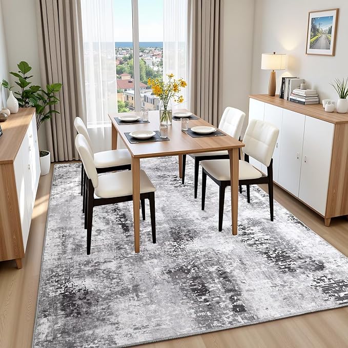 Washable Abstract Rug, 4x6 Modern Area Rugs with Non-Slip Rubber Backed for Living Room, Thin but Soft Contemporary Carpet Kitchen Bedroom Decor, Dark Grey