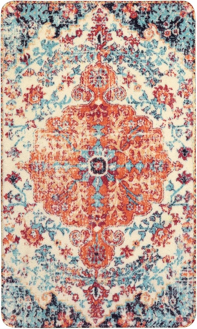 Lahome Bohemian Floral Medallion Area Rug - 2x3 Oriental Distressed Small Bath Rug Country Vintage Doormat Faux Wool Non-Slip Washable Low-Pile Carpet for Bathroom Kitchen Laundry Room Decor