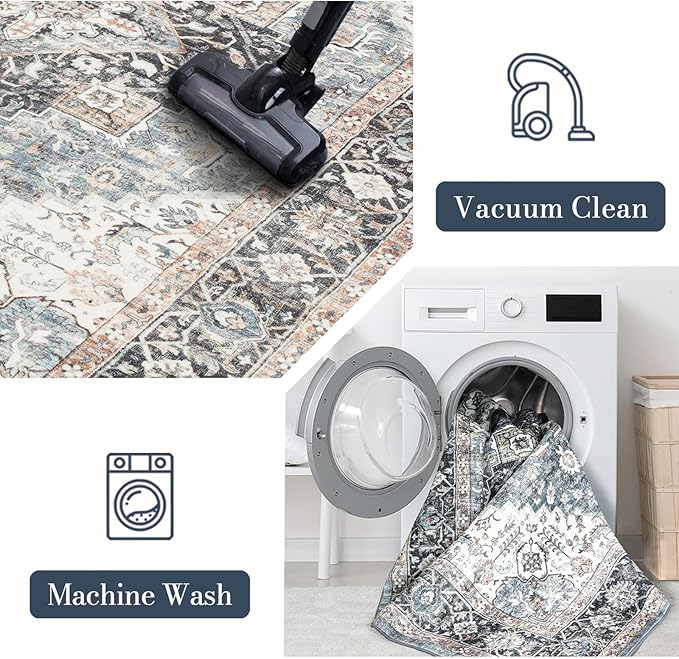 Area Rug 8×10, Large Vintage Boho Rug,Ultra-Soft Low Pile, Washable, Non Slip,Stain Resistant, Printed Carpet for Living Room Bedrooms Playroom Office Kitchen, Blue/Navy