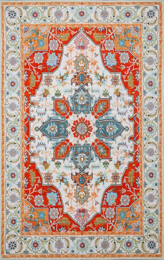 WILLSUN Washable Area Rugs, 9x12 Non-Slip Boho Large Area Rugs for Living Room, Bedroom, Machine Washable Vintage Rug, Indoor Floral Print Carpet for Home Decor, Kid & Pet Friendly Mat