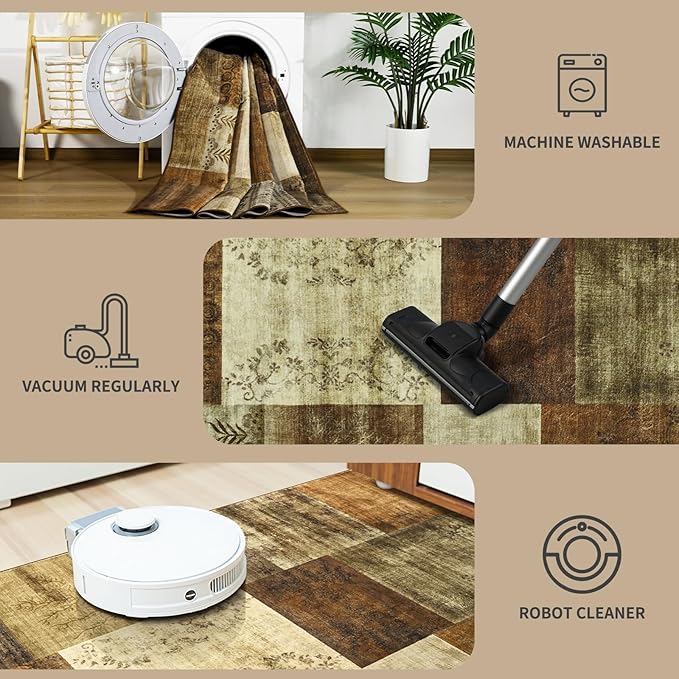 DweIke Washable Area Rugs for Living Room, 5x7 Soft Bedroom Rugs, Geometric Print Non-Slip Modern Rug, Stain Resistant Throw Carpets for Office Nursery Dining Room Home Dorm Decor, Brown