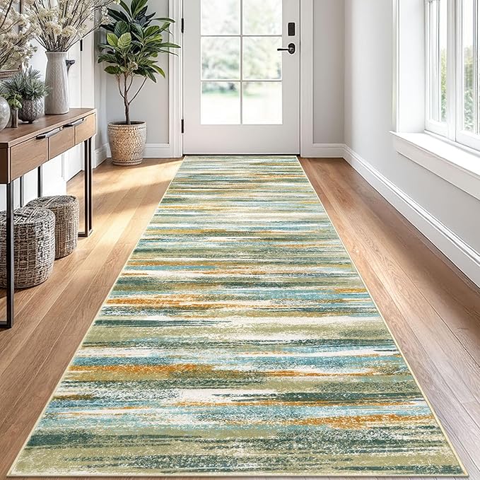 Modern Abstract Runner Rug 2.6x10, Green Mustard Multi Washable Long Kitchen Runner Non-Slip Soft Hallway Rug Runner Thin Print Faux Wool Carpet for Entryway Bedroom Laundry Room Indoor