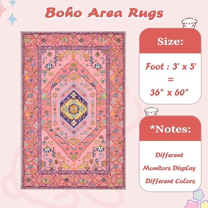SERISSA 3x5 Boho Area Rug, Washable Non-Slip Rugs for Baby Girls Bedroom, Ultra Soft Cute Pastel Aesthetic Fuchsia Pink Rugs for Nursery Indoor Entryway Kitchen Office Kids Playroom Dorm Decor