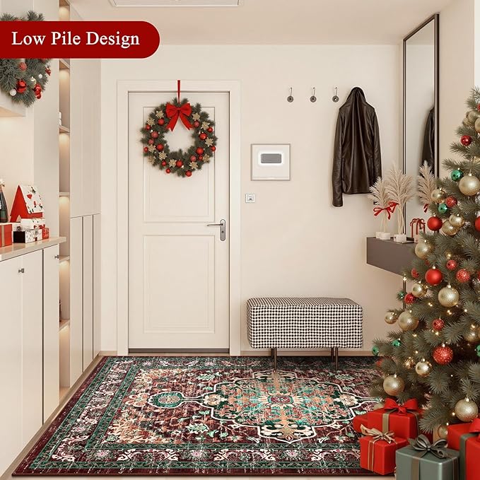 U'Artlines Boho Vintage Area Rug 4x6 ft Machine Washable Low Pile Soft Floor Carpet Non Slip Non Shedding Accent Rug for Living Room Bedroom Entryway Dining Room Office Rust＆Teal