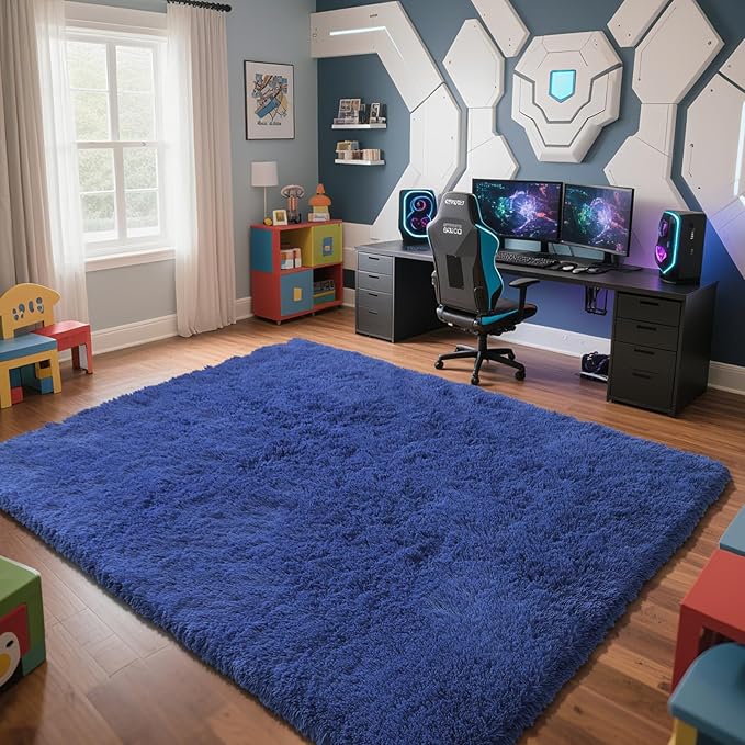 Blue Fluffy Rug Shaggy Area Rug, 6x9 Area Rugs for Girls Bedroom, Big Soft Shaggy Bedside Non-Slip Plush Dorm Nursery Kids Carpet Home Decor Aesthetic