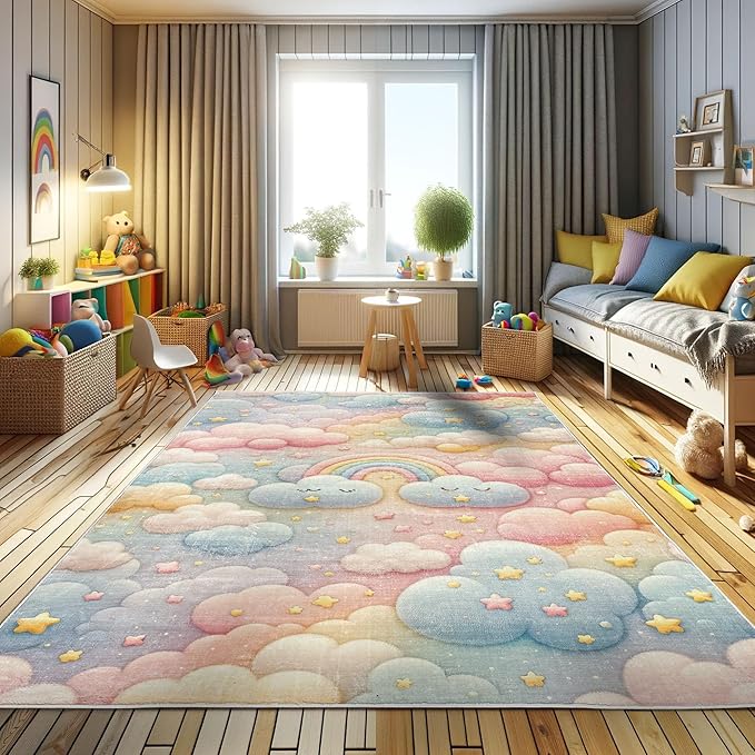 Ambesonne Cartoon Sky Decorative Rug, Dreamy Colors Celestial Atmosphere with Starry Kawaii Clouds Rainbow, Quality Carpet for Bedroom Dorm and Living Room, 4' X 5' 5", Blush Mustard Blue