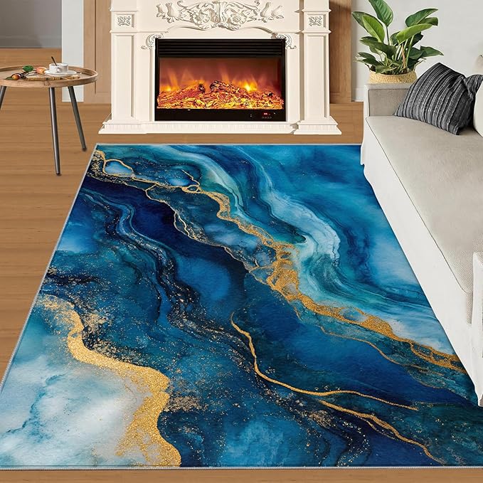 Blue Gold Marble Rugs for Bedroom - 5x7 Area Rug - Modern Fashion Marble Rugs for Living Room, European Light Luxury Art Rug, Washable Home Decor Carpet