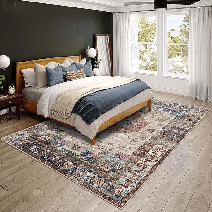 vivorug 9x12 Area Rugs for Living Room, Non Slip Machine Washable Vintage Rug, Ultra-Thin Lightweight Large Area Rug for Bedroom, Dining Room, Low Pile Brown