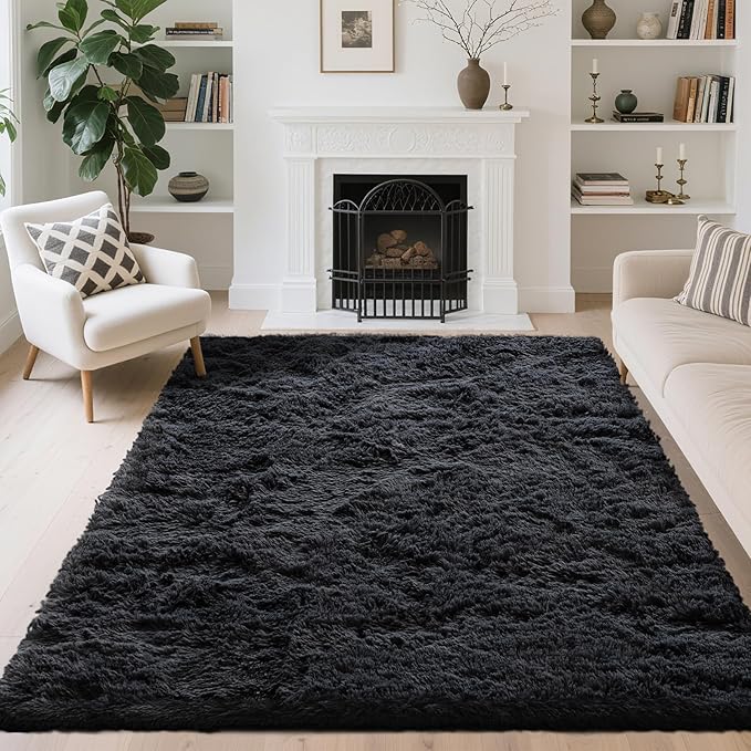 5x7 Area Rugs for Living Room Bedroom,Soft Fluffy Shaggy Bedside Rug, Indoor Floor Carpet for Kids Playroom, Dorms, Nursery Rooms, Home Decor (Black 5'x7')
