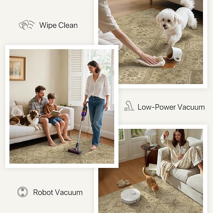Bavni 6x9 Area Rugs for Living Room, Machine Washable Rug Non Slip, Vintage Chenille Distressed Print Carpet, Large Low Pile Ultra-Thin Lightweight Rugs for Bedroom, Dining Room, Office, Nut Brown