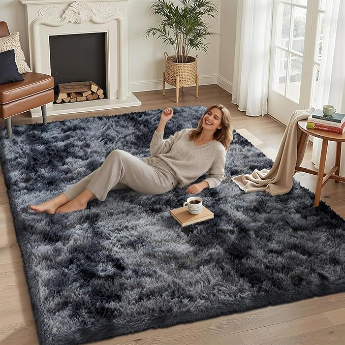 5x7 Area Rugs for Living Room Bedroom, Soft Fluffy Shaggy Bedside Rug, Indoor Floor Carpet for Kids Playroom, Dorms, Nursery Rooms, Home Decor (Tie-Dyed Dark Grey 5'x7')