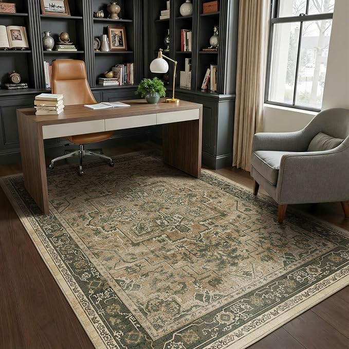 Medallione 6x8 Area Rugs for Living Room, Low Pile Thin Washable Non Slip Rugs for Bedroom Dining Room, Vintage Distressed Carpet for Home Office Guest Room, Multi Brown/Olive Accents