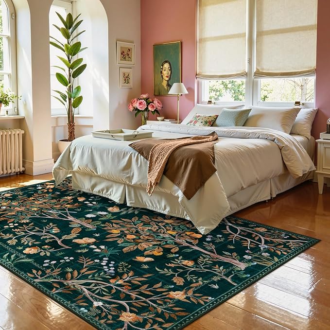 Morebes Boho Washable 5x7 Area Rugs, Dark Green Floral Rugs for Living Room Non Slip, Soft Botanical Indoor Floor Carpet for Kids Playroom Dining Room Bedroom Nursery Dorm