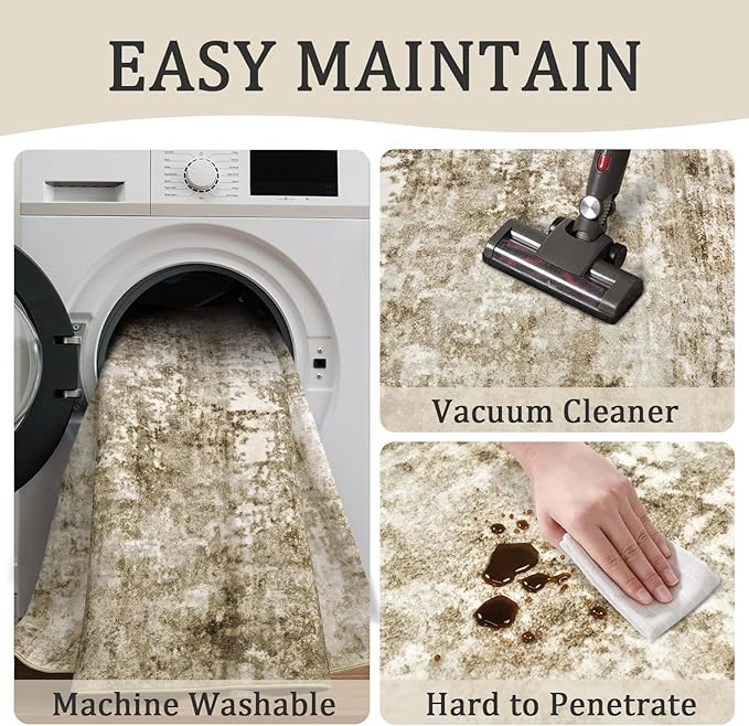 8x10 Machine Washable Area Rug for Living Room, Brown Modern Vintage Abstract Rug Large Non-Slip Low Pile Soft Faux Wool Carpet, Kids and Pets Friendly for Bedroom Dining Room Farmhouse Home Decor Rug