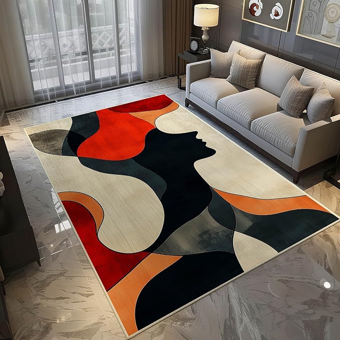 6x10 Abstract Rug, Abstract Area Rug, Geometric Area Rugs, Modern Geometric Rugs, Minimalist Face Carpet, Contemporary Carpet for Living Room, Non Slip & Faux Cashmere Low Pile