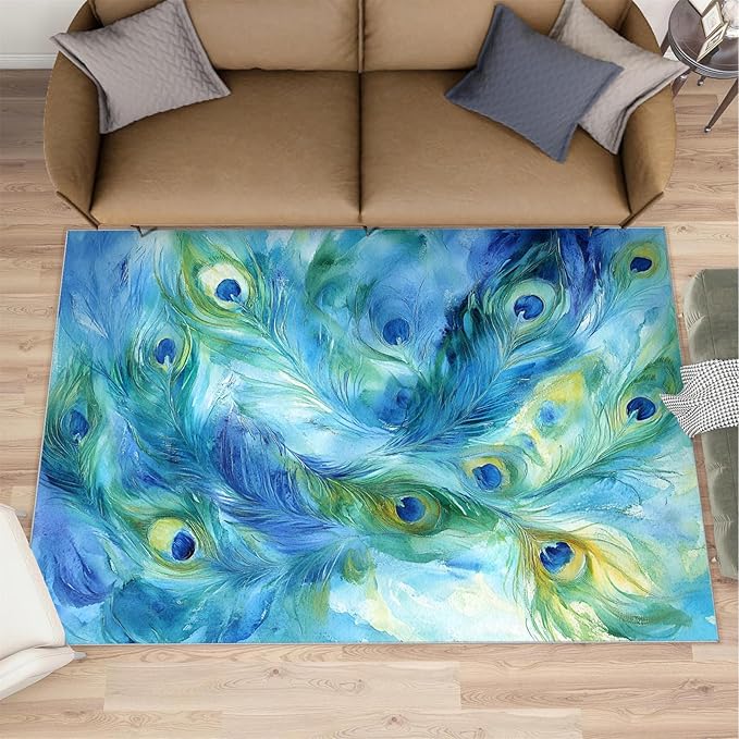 Peacock Feather Rug 4x6-4x6 Rug, Teal Turquoise Area Rugs for Bedroom, Malachite Green Feather Rugs for Living Room, Peafowl Washable Mat, Peacock Feather Carpet - Peafowl Home Decor & Gifts