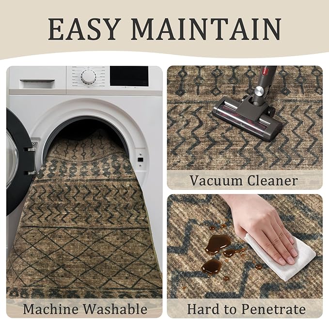 5x7 Machine Washable Area Rug for Living Room, Brown Black Vintage Moroccan Rug Large Non-Slip Low Pile Soft Faux Wool Carpet, Kids and Pets Friendly for Bedroom Dining Room Farmhouse Home Decor Rug