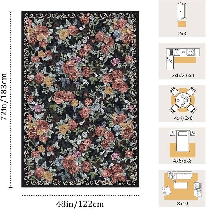 4x6 Machine Washable Area Rug for Living Room, Black Vintage Boho Floral Rug Large Non-Slip Low Pile Soft Faux Wool Carpet, Kids and Pets Friendly for Bedroom Dining Room Farmhouse Home Decor Rug