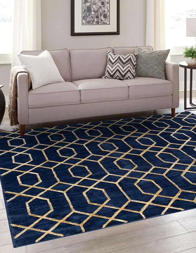 Marilyn Monroe Glam Collection Area Rug - Trellis (7' 10" Square, Navy Blue Gold/ Gold)