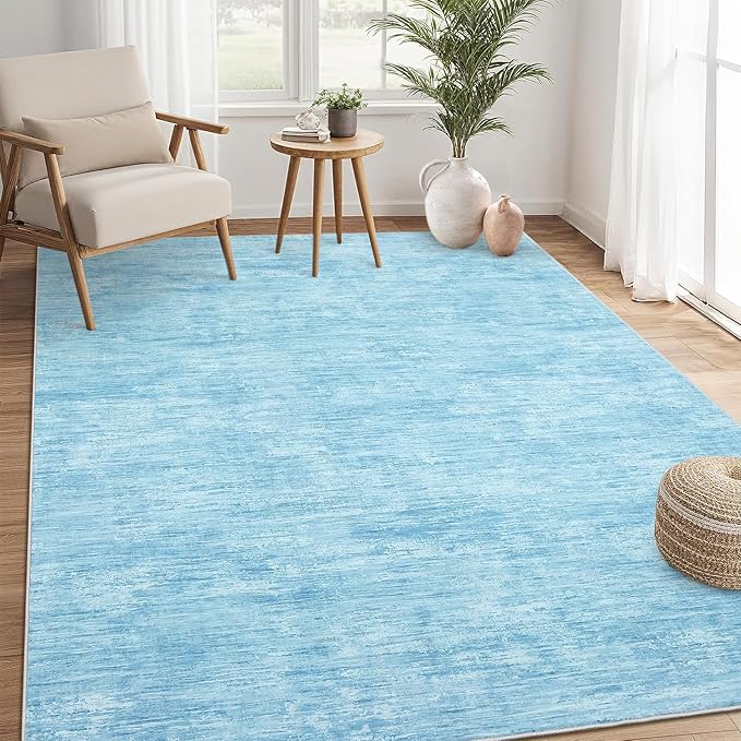 RUGSREAL Bedroom Area Rug 4x6 Modern Abstract Area Rug Stain Resistant Small Living Room Rug Contemporary Dining Room Rug Non-Slip Solid Rug Aesthetic Accent Floor Carpet for Kitchen Office, Blue