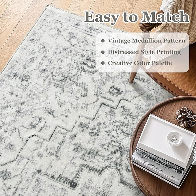 Farmhouse Distressed 8x10 Rugs for Living Room Bedroom, Washable Non Slip Dining Room Rugs for Under Table, Low Pile Thin Soft Carpet Medallion Pattern Printed Boho, Off White/Grey