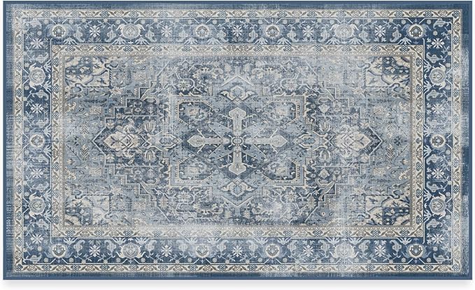 RUGGABLE Washable Area Rug – Kamran Admiral Blue 3x5, Stain-Resistant, Non-Slip – Small Machine Washable Rugs for Living Room, Bedroom, Hallway, Entryway & Office–with Cushioned Pad